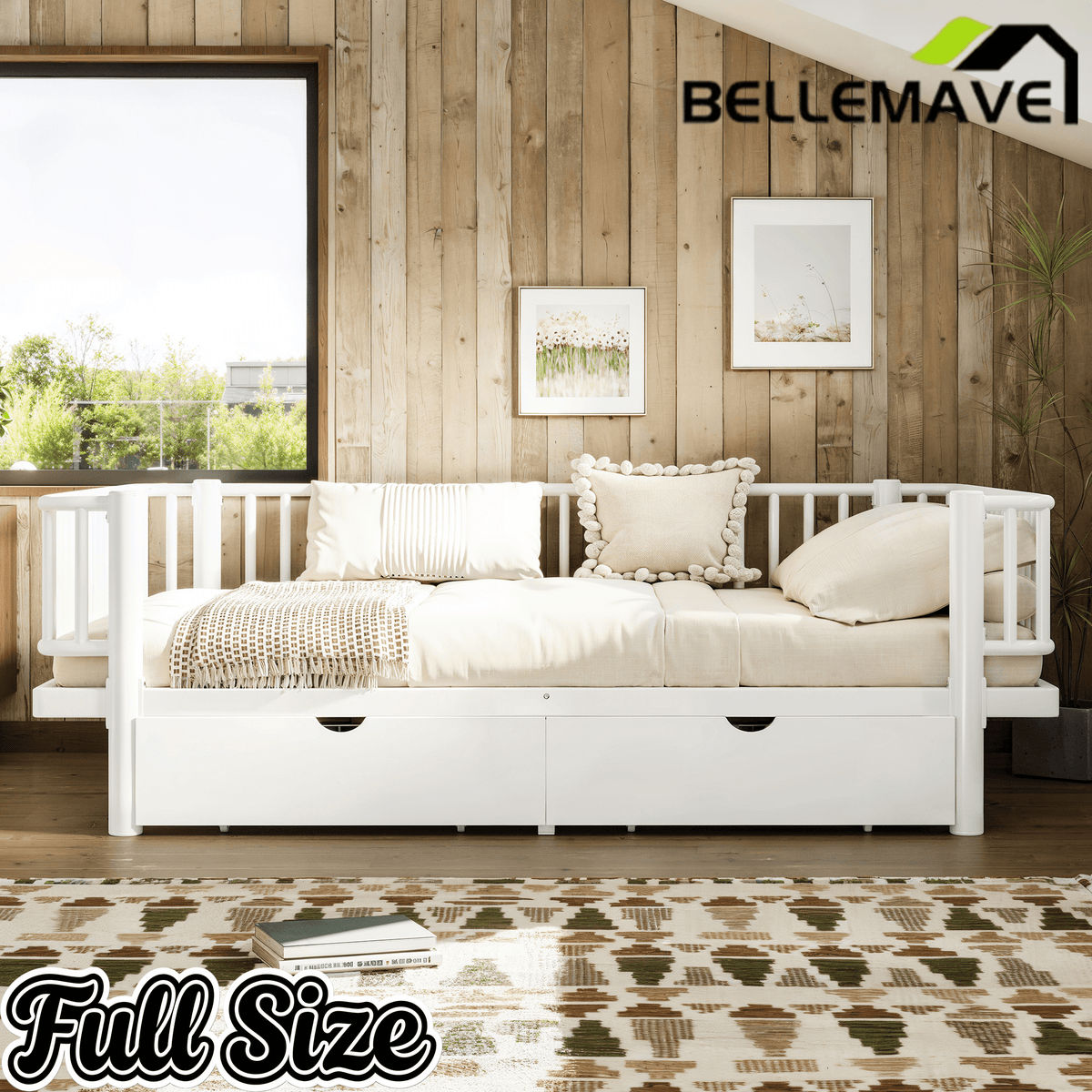 Bellemave® Metal Daybed Frame with Storage Drawers & Detachable Fence, Can be Transformed into Platform Bed with Upgraded Safety Round - Pipe Design - Bellemave