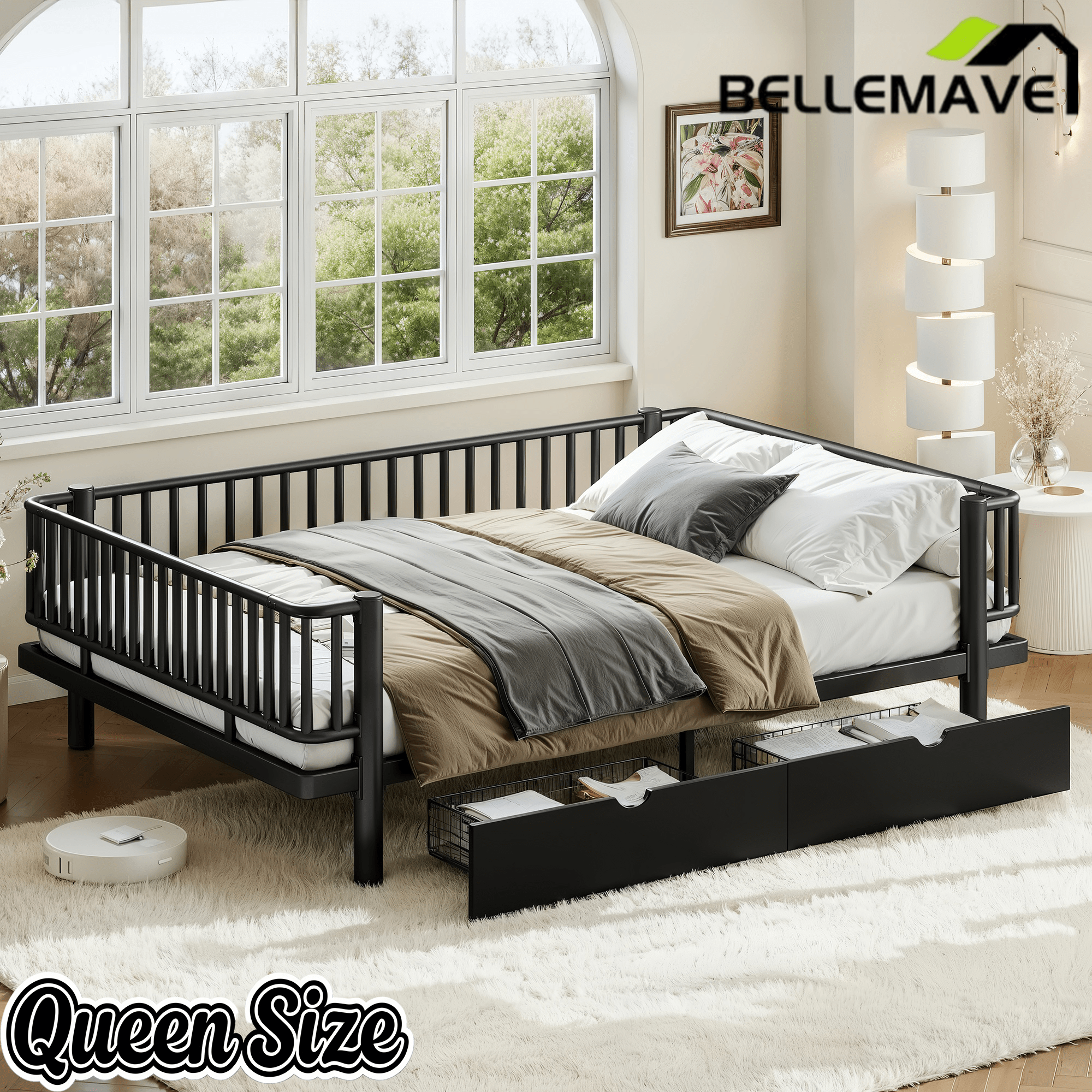 Bellemave® Metal Daybed Frame with Storage Drawers & Detachable Fence, Can be Transformed into Platform Bed with Upgraded Safety Round - Pipe Design - Bellemave
