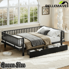 Bellemave® Metal Daybed Frame with Storage Drawers & Detachable Fence, Can be Transformed into Platform Bed with Upgraded Safety Round - Pipe Design - Bellemave