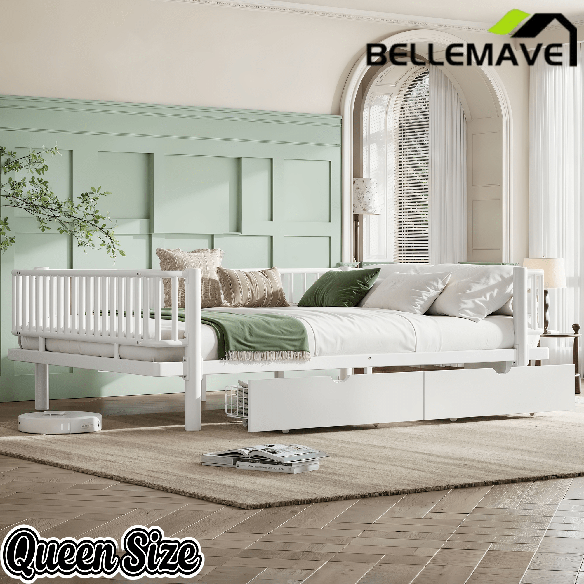 Bellemave® Metal Daybed Frame with Storage Drawers & Detachable Fence, Can be Transformed into Platform Bed with Upgraded Safety Round - Pipe Design - Bellemave