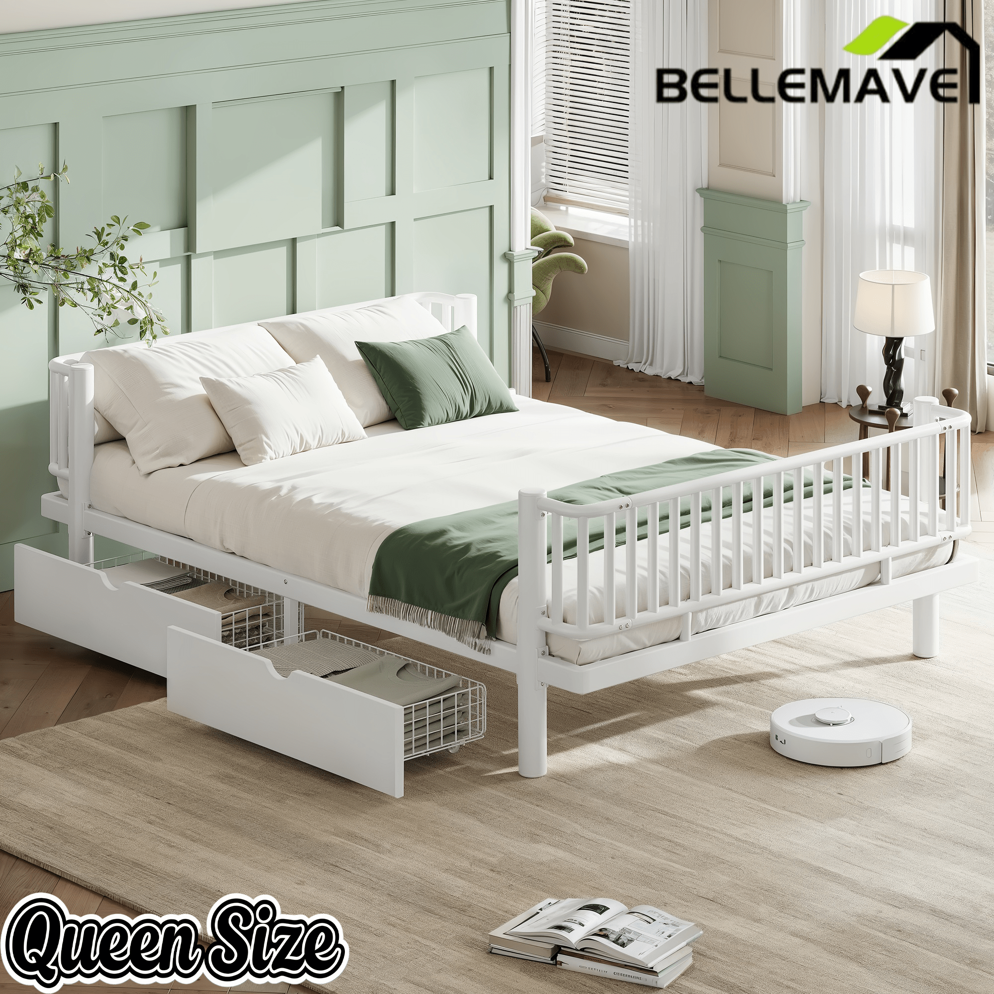Bellemave® Metal Daybed Frame with Storage Drawers & Detachable Fence, Can be Transformed into Platform Bed with Upgraded Safety Round - Pipe Design - Bellemave