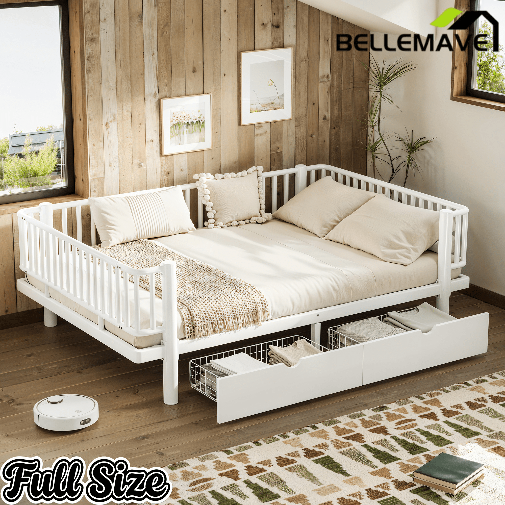 Bellemave® Metal Daybed Frame with Storage Drawers & Detachable Fence, Can be Transformed into Platform Bed with Upgraded Safety Round - Pipe Design - Bellemave