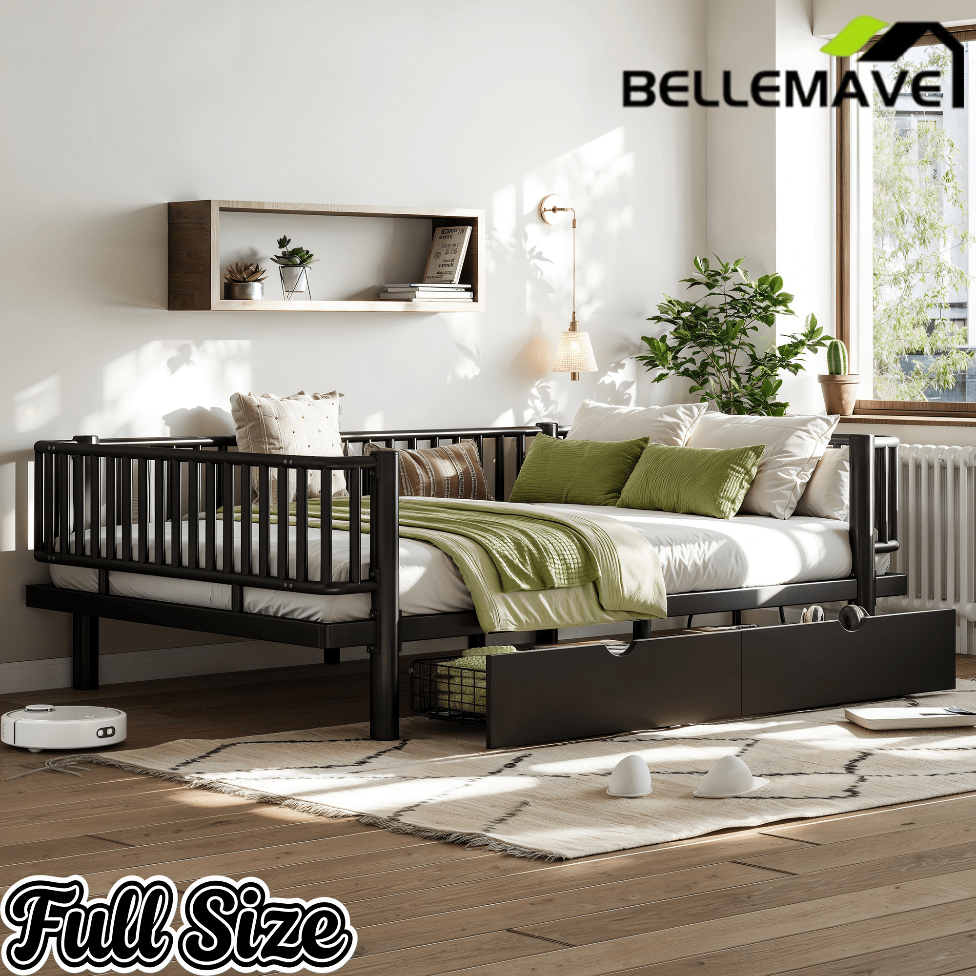 Bellemave® Metal Daybed Frame with Storage Drawers & Detachable Fence, Can be Transformed into Platform Bed with Upgraded Safety Round - Pipe Design - Bellemave