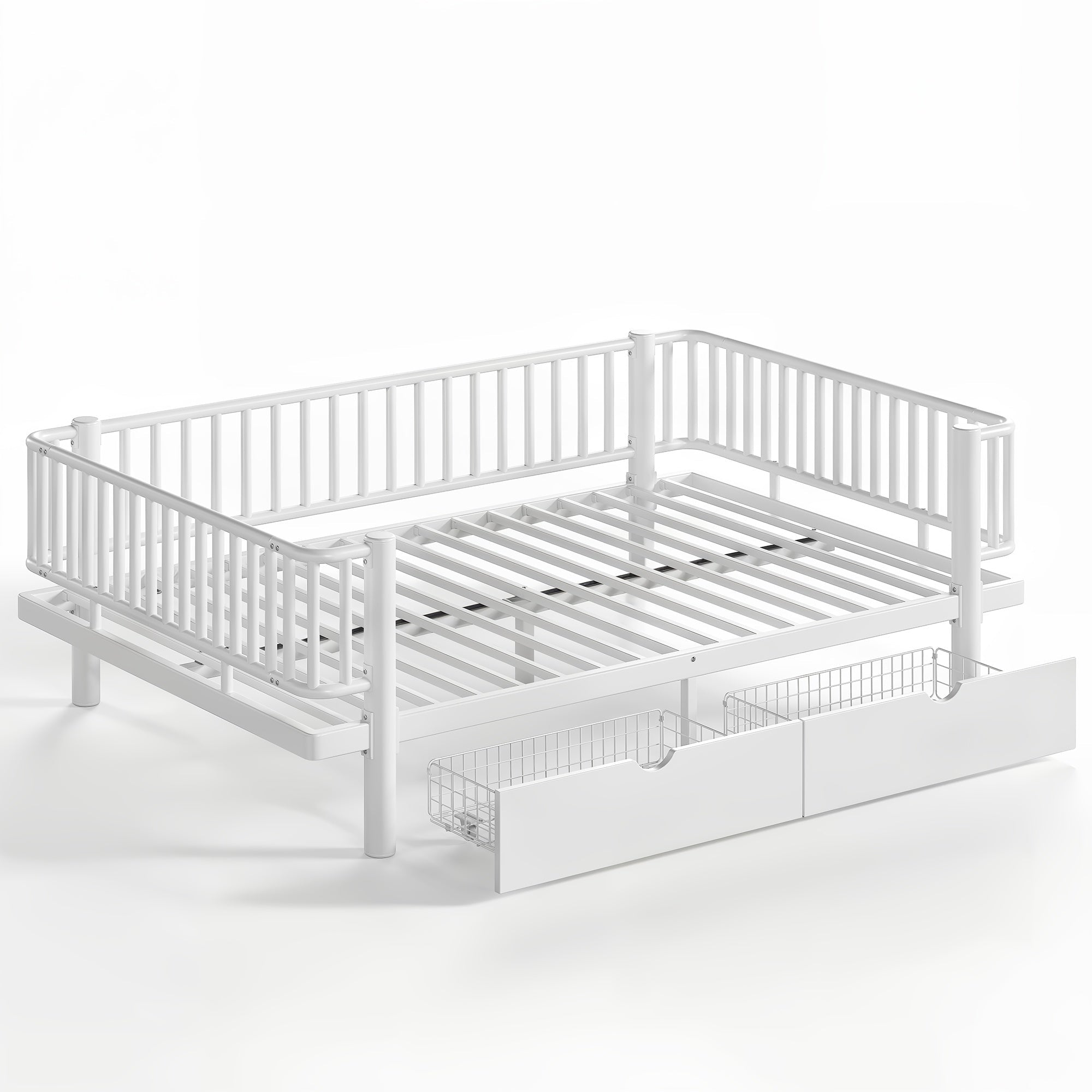 Bellemave® Metal Daybed Frame with Storage Drawers & Detachable Fence, Can be Transformed into Platform Bed with Upgraded Safety Round - Pipe Design - Bellemave