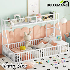 Bellemave® Metal Floor Bed with Safety Fence, Desk and Storage Shelves - Bellemave