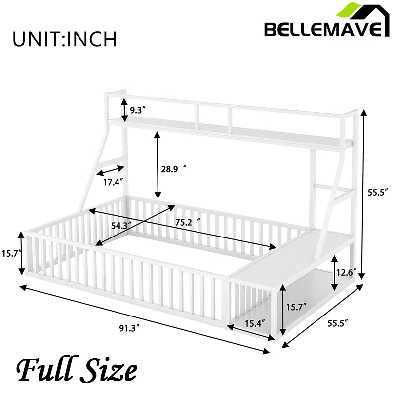Bellemave® Metal Floor Bed with Safety Fence, Desk and Storage Shelves - Bellemave