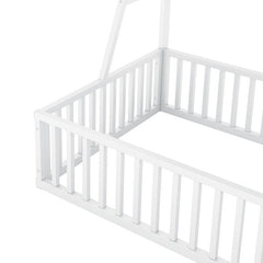 Bellemave® Metal Floor Bed with Safety Fence, Desk and Storage Shelves - Bellemave