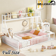 Bellemave® Metal Floor Bed with Safety Fence, Desk and Storage Shelves - Bellemave