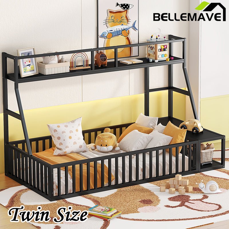 Bellemave® Metal Floor Bed with Safety Fence, Desk and Storage Shelves - Bellemave