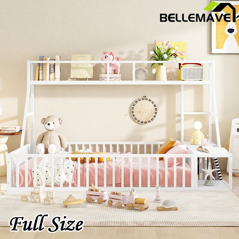 Bellemave® Metal Floor Bed with Safety Fence, Desk and Storage Shelves - Bellemave