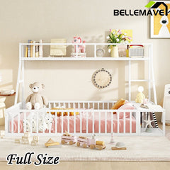 Bellemave® Metal Floor Bed with Safety Fence, Desk and Storage Shelves - Bellemave