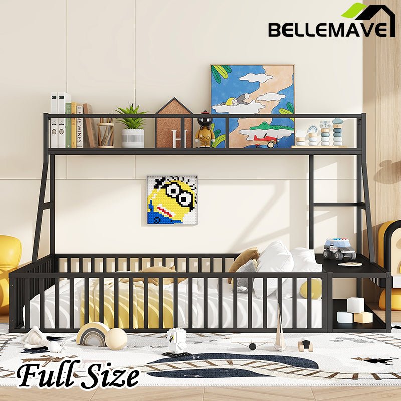 Bellemave® Metal Floor Bed with Safety Fence, Desk and Storage Shelves - Bellemave