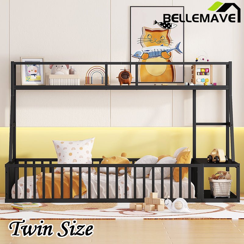Bellemave® Metal Floor Bed with Safety Fence, Desk and Storage Shelves - Bellemave