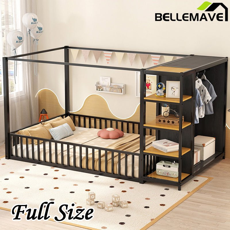 Bellemave® Metal Floor Bed with Storage Shelves and Wardrobe - Bellemave