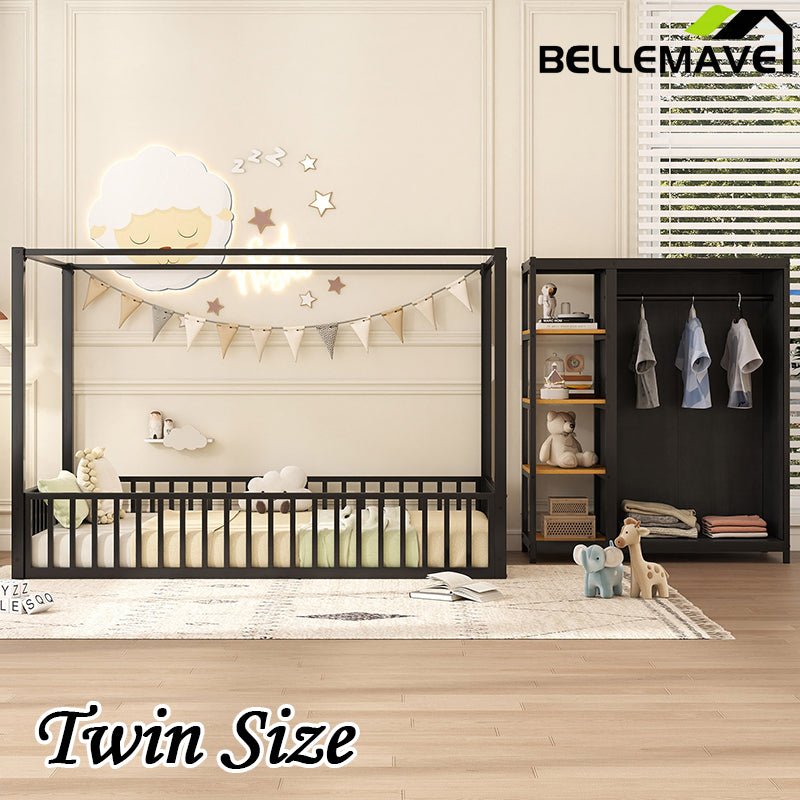 Bellemave® Metal Floor Bed with Storage Shelves and Wardrobe - Bellemave