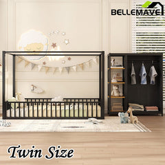 Bellemave® Metal Floor Bed with Storage Shelves and Wardrobe - Bellemave