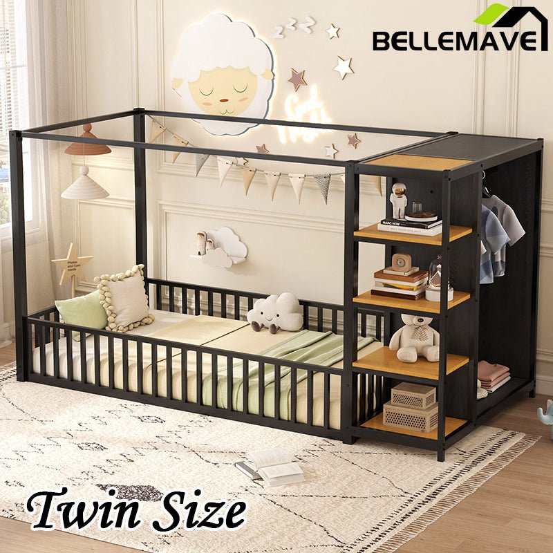 Bellemave® Metal Floor Bed with Storage Shelves and Wardrobe - Bellemave