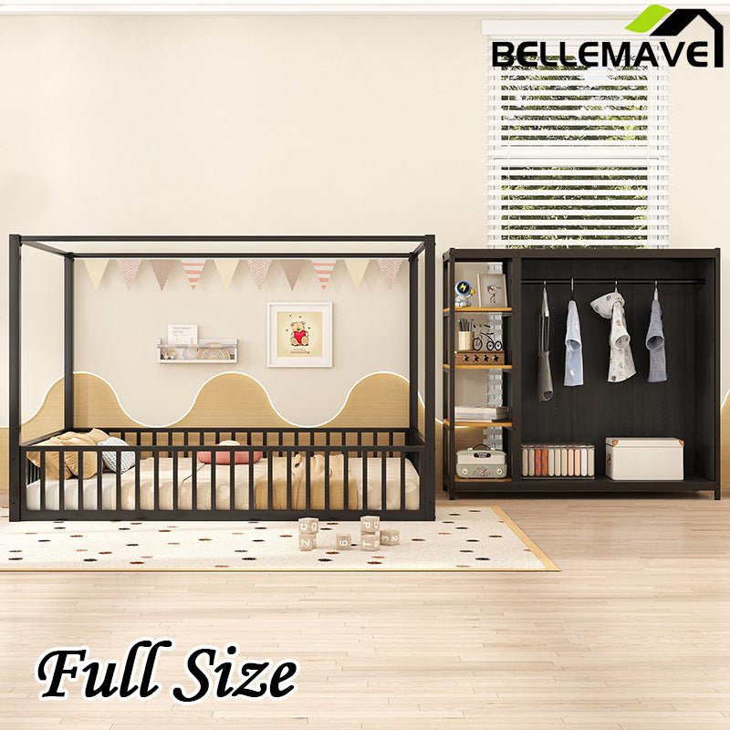 Bellemave® Metal Floor Bed with Storage Shelves and Wardrobe - Bellemave