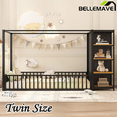 Bellemave® Metal Floor Bed with Storage Shelves and Wardrobe - Bellemave