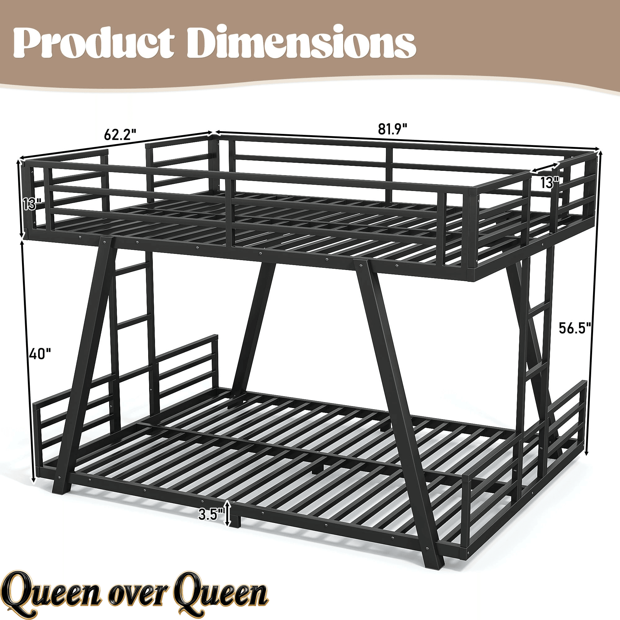 Bellemave® Metal Floor Bunk Bed Frame for Kids/Adults,Heavy Duty Kids Bunk Beds with 2 Side Ladders & Special Support Leg,Noise Reduced Structure,Low Profile,Black - Bellemave