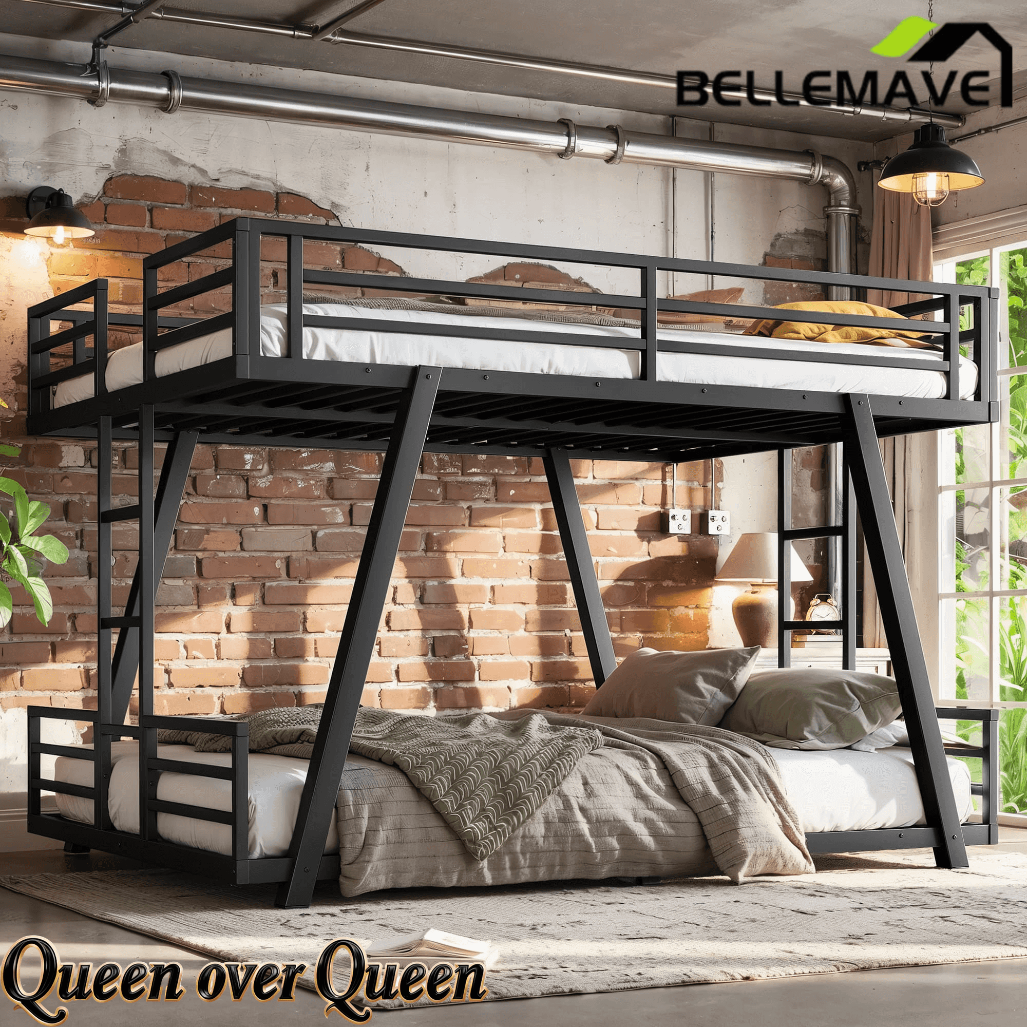 Bellemave® Metal Floor Bunk Bed Frame for Kids/Adults,Heavy Duty Kids Bunk Beds with 2 Side Ladders & Special Support Leg,Noise Reduced Structure,Low Profile,Black - Bellemave