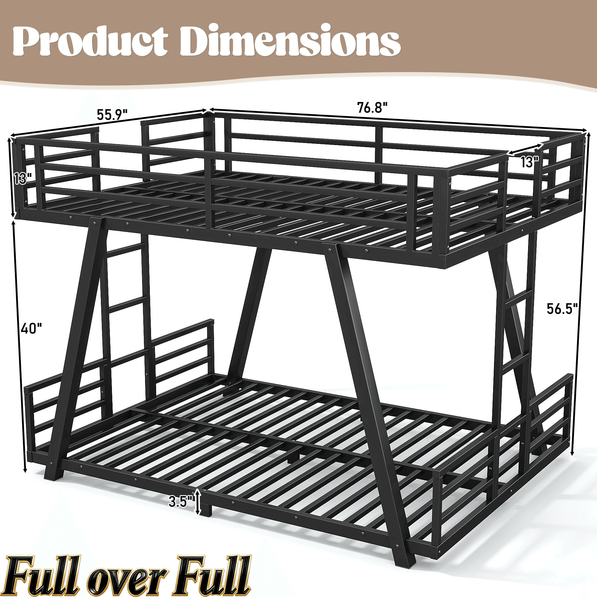 Bellemave® Metal Floor Bunk Bed Frame for Kids/Adults,Heavy Duty Kids Bunk Beds with 2 Side Ladders & Special Support Leg,Noise Reduced Structure,Low Profile,Black - Bellemave