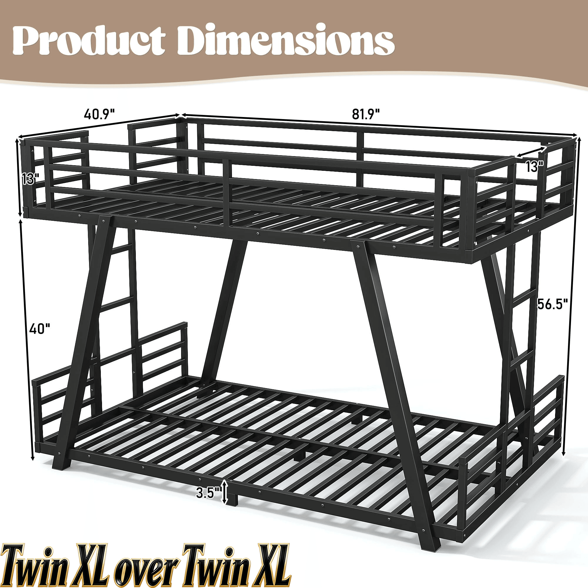 Bellemave® Metal Floor Bunk Bed Frame for Kids/Adults,Heavy Duty Kids Bunk Beds with 2 Side Ladders & Special Support Leg,Noise Reduced Structure,Low Profile,Black - Bellemave