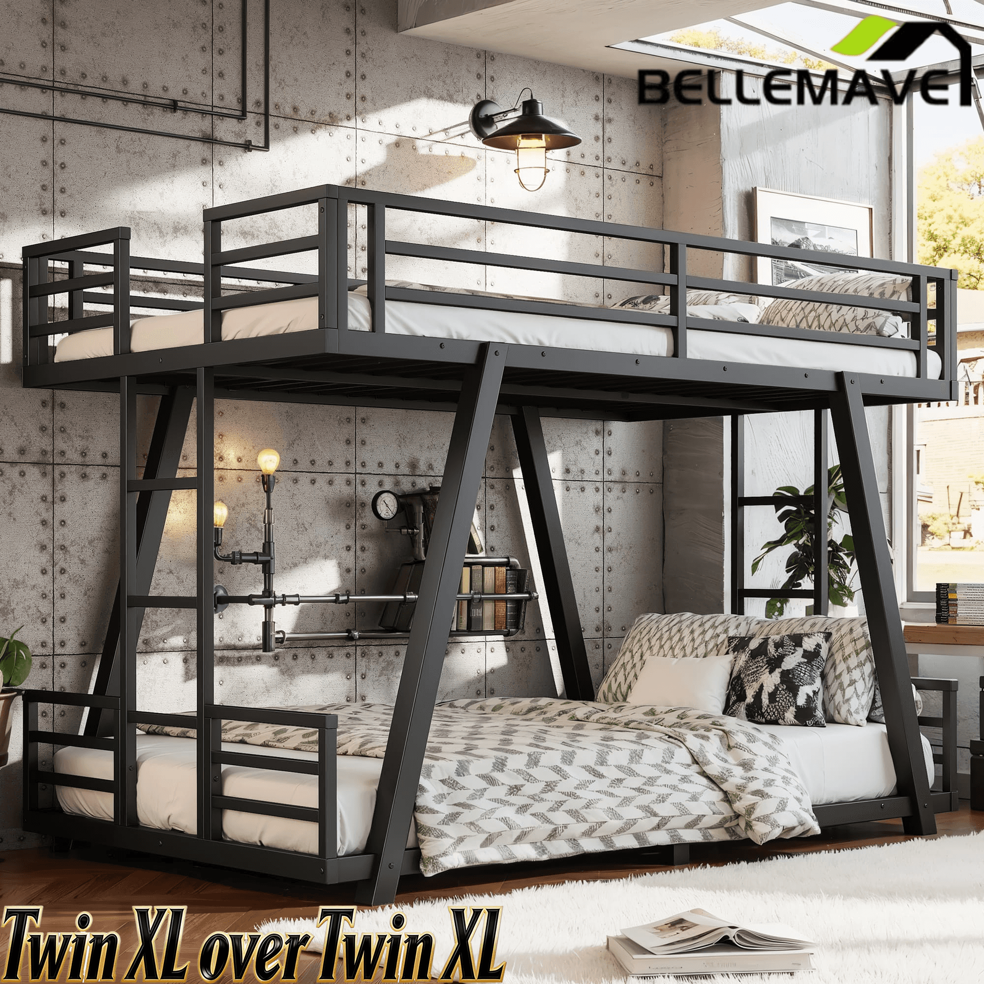 Bellemave® Metal Floor Bunk Bed Frame for Kids/Adults,Heavy Duty Kids Bunk Beds with 2 Side Ladders & Special Support Leg,Noise Reduced Structure,Low Profile,Black - Bellemave