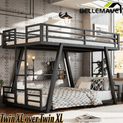 Bellemave® Metal Floor Bunk Bed Frame for Kids/Adults,Heavy Duty Kids Bunk Beds with 2 Side Ladders & Special Support Leg,Noise Reduced Structure,Low Profile,Black - Bellemave