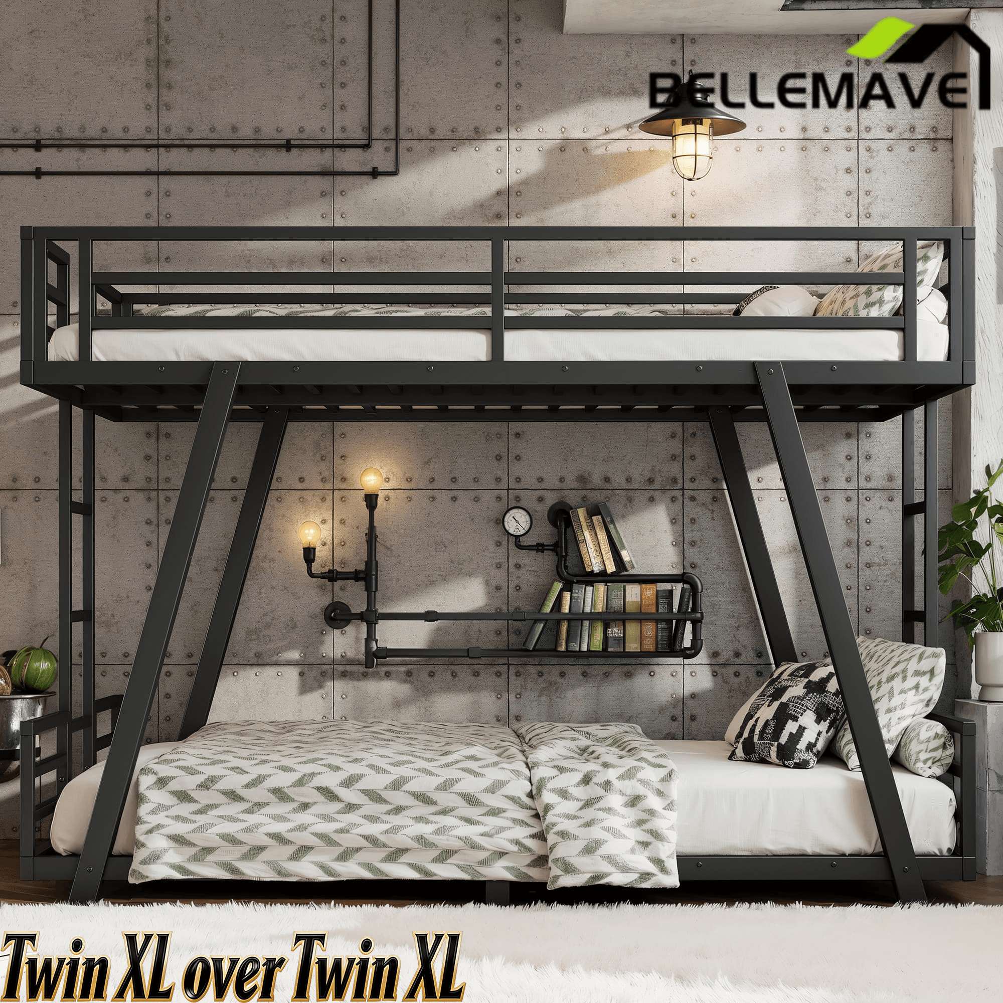 Bellemave® Metal Floor Bunk Bed Frame for Kids/Adults,Heavy Duty Kids Bunk Beds with 2 Side Ladders & Special Support Leg,Noise Reduced Structure,Low Profile,Black - Bellemave