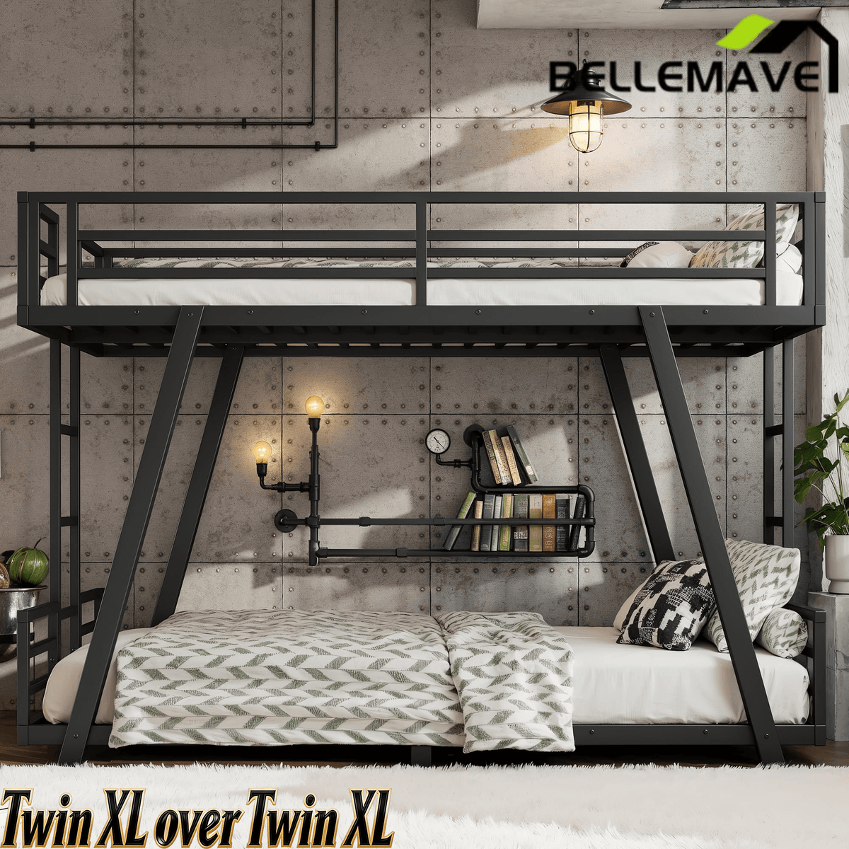 Bellemave® Metal Floor Bunk Bed Frame for Kids/Adults,Heavy Duty Kids Bunk Beds with 2 Side Ladders & Special Support Leg,Noise Reduced Structure,Low Profile,Black - Bellemave