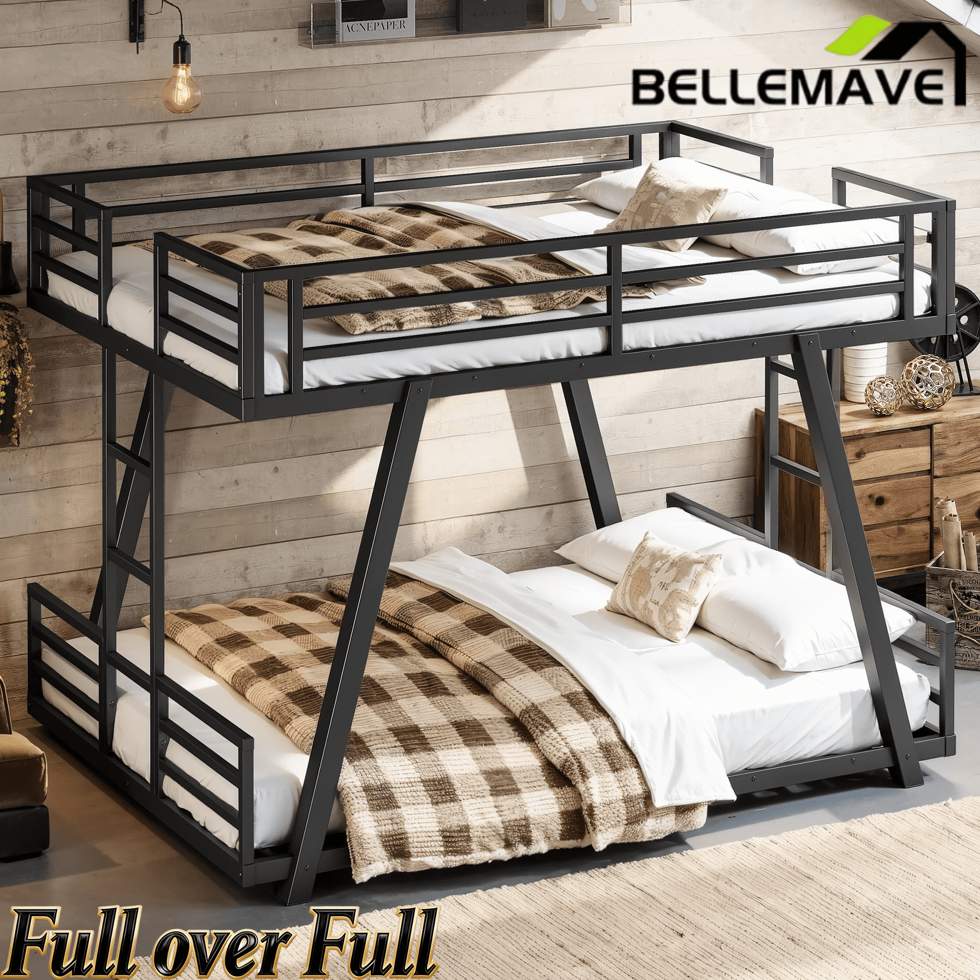 Bellemave® Metal Floor Bunk Bed Frame for Kids/Adults,Heavy Duty Kids Bunk Beds with 2 Side Ladders & Special Support Leg,Noise Reduced Structure,Low Profile,Black - Bellemave
