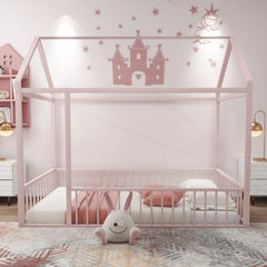 Bellemave® Metal Floor House Bed with Fence - Bellemave