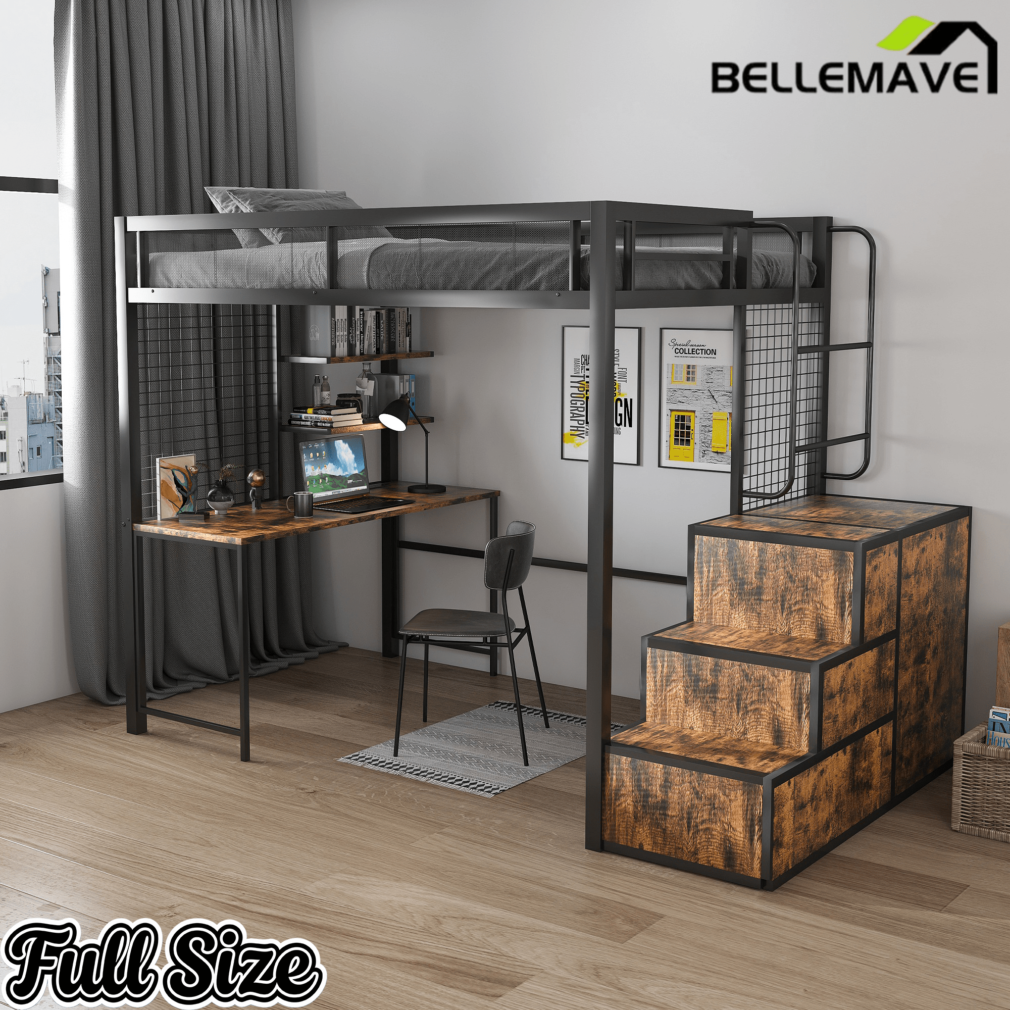 Bellemave® Metal Full Loft Bed with Staircase, Desk, USB Charging, Wardrobe and Storage Drawers & Shelves for Adults, Kids, Teens - Bellemave