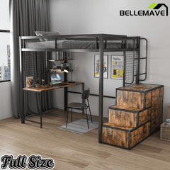 Bellemave® Metal Full Loft Bed with Staircase, Desk, USB Charging, Wardrobe and Storage Drawers & Shelves for Adults, Kids, Teens - Bellemave