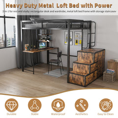 Bellemave® Metal Full Loft Bed with Staircase, Desk, USB Charging, Wardrobe and Storage Drawers & Shelves for Adults, Kids, Teens - Bellemave