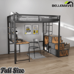 Bellemave® Metal Full Loft Bed with Staircase, Desk, USB Charging, Wardrobe and Storage Drawers & Shelves for Adults, Kids, Teens - Bellemave