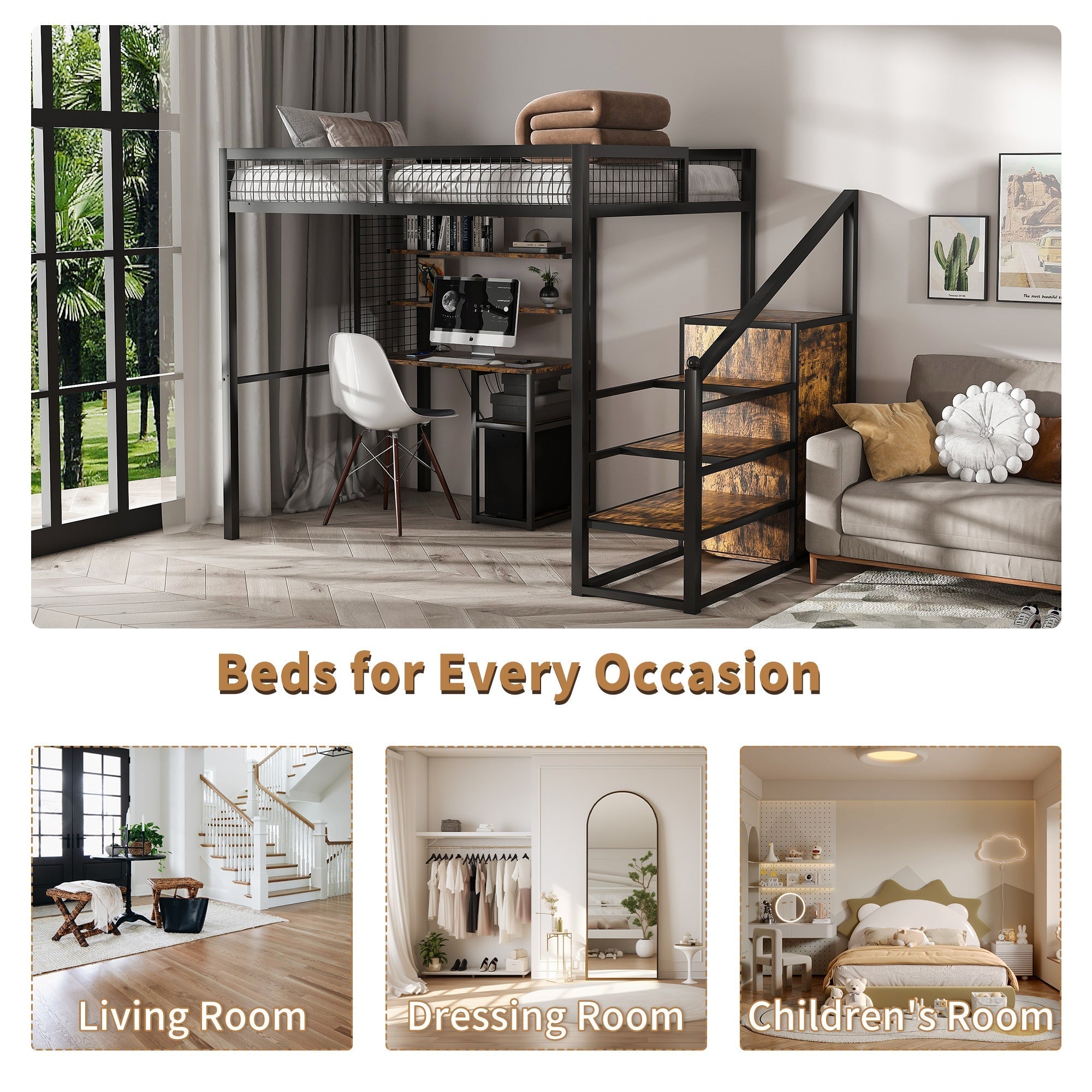 Bellemave® Metal Full Loft Bed with Staircase, Desk, USB Charging, Wardrobe and Storage Drawers & Shelves for Adults, Kids, Teens - Bellemave