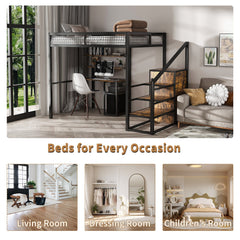 Bellemave® Metal Full Loft Bed with Staircase, Desk, USB Charging, Wardrobe and Storage Drawers & Shelves for Adults, Kids, Teens - Bellemave