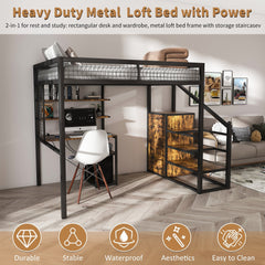 Bellemave® Metal Full Loft Bed with Staircase, Desk, USB Charging, Wardrobe and Storage Drawers & Shelves for Adults, Kids, Teens - Bellemave