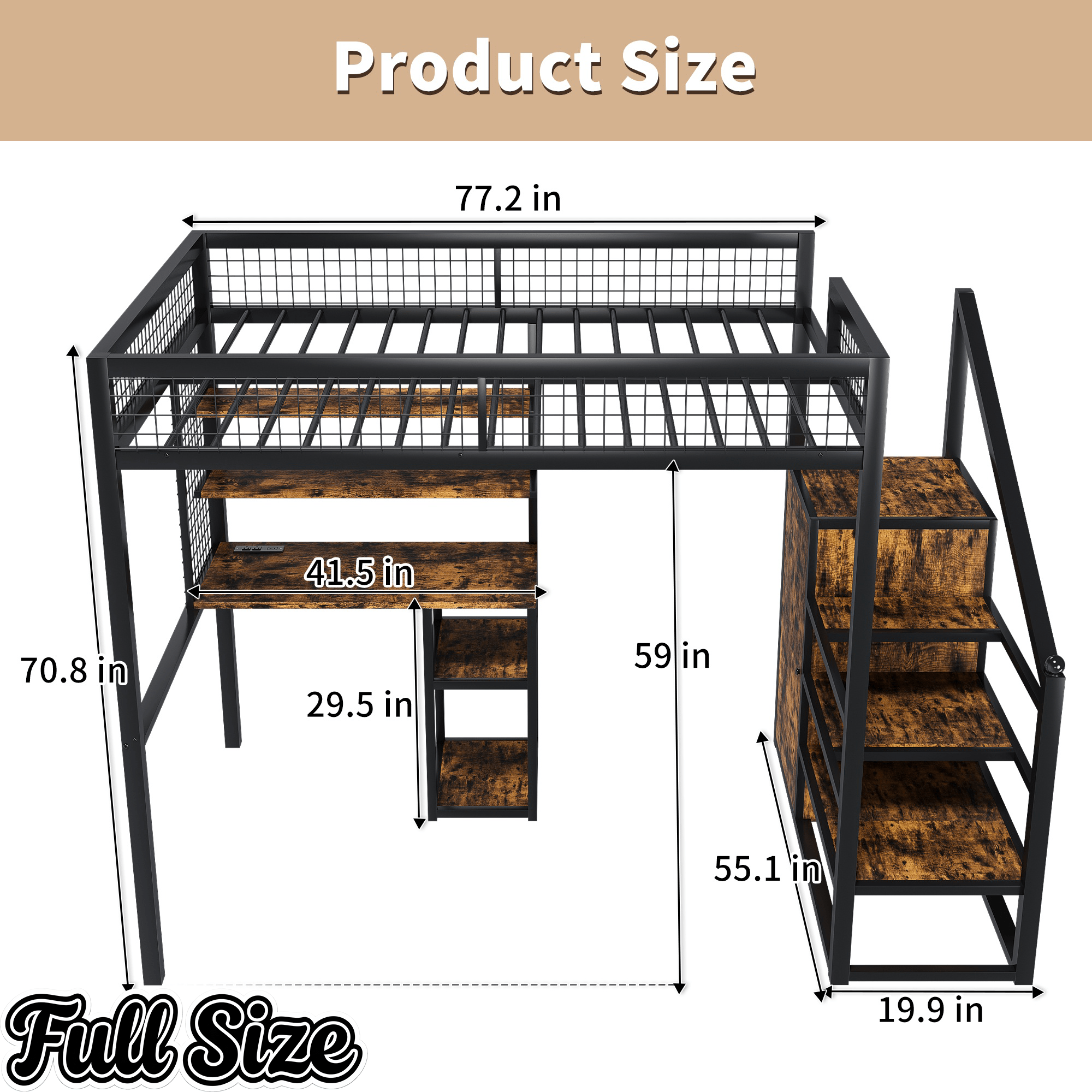 Bellemave® Metal Full Loft Bed with Staircase, Desk, USB Charging, Wardrobe and Storage Drawers & Shelves for Adults, Kids, Teens - Bellemave