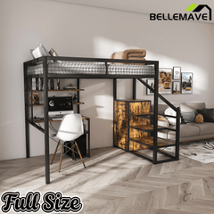 Bellemave® Metal Full Loft Bed with Staircase, Desk, USB Charging, Wardrobe and Storage Drawers & Shelves for Adults, Kids, Teens - Bellemave