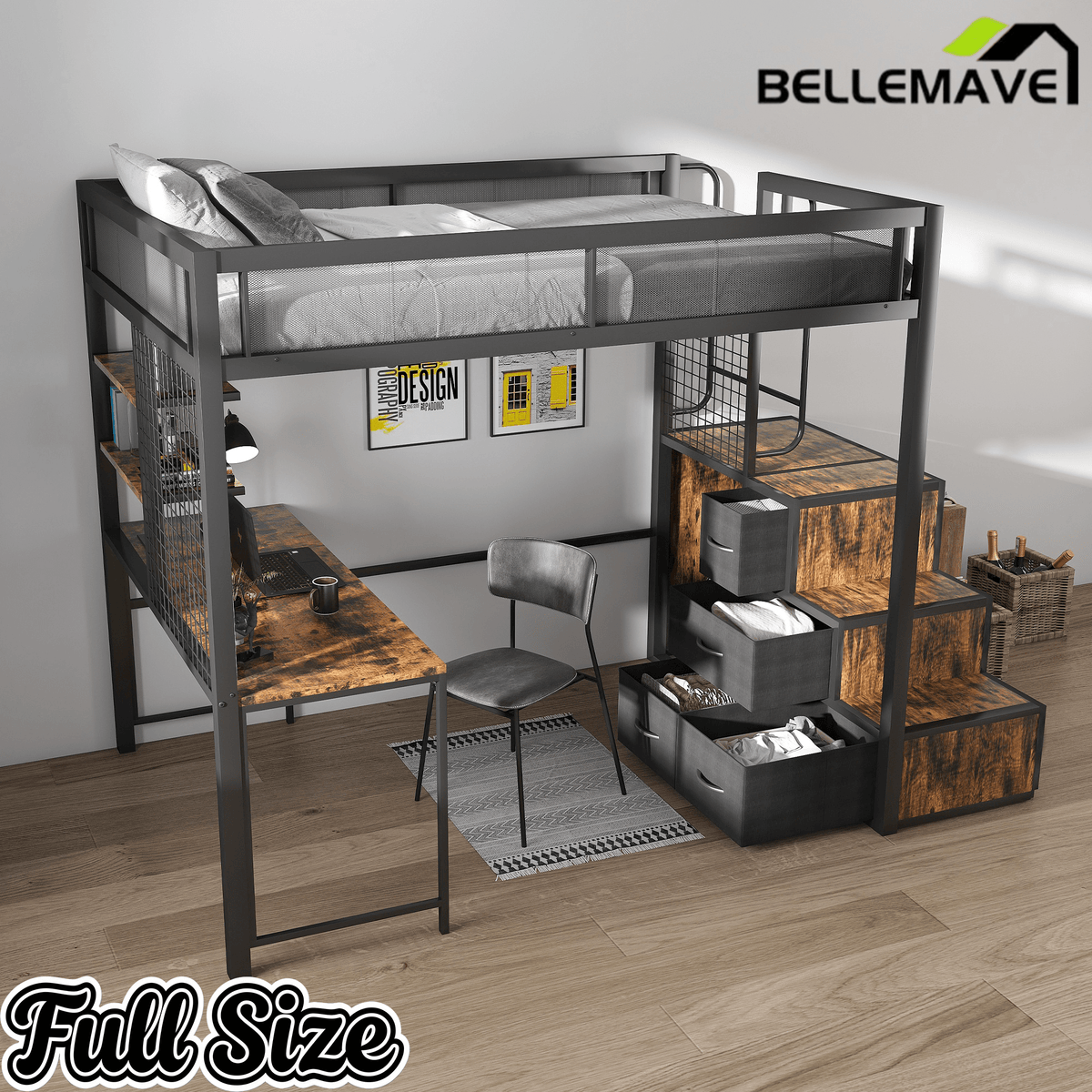 Bellemave® Metal Full Loft Bed with Staircase, Desk, USB Charging, Wardrobe and Storage Drawers & Shelves for Adults, Kids, Teens - Bellemave