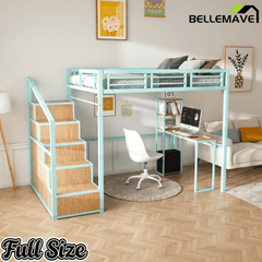 Bellemave® Metal Full Loft Bed with Staircase, Desk, USB Charging, Wardrobe and Storage Drawers & Shelves for Adults, Kids, Teens - Bellemave
