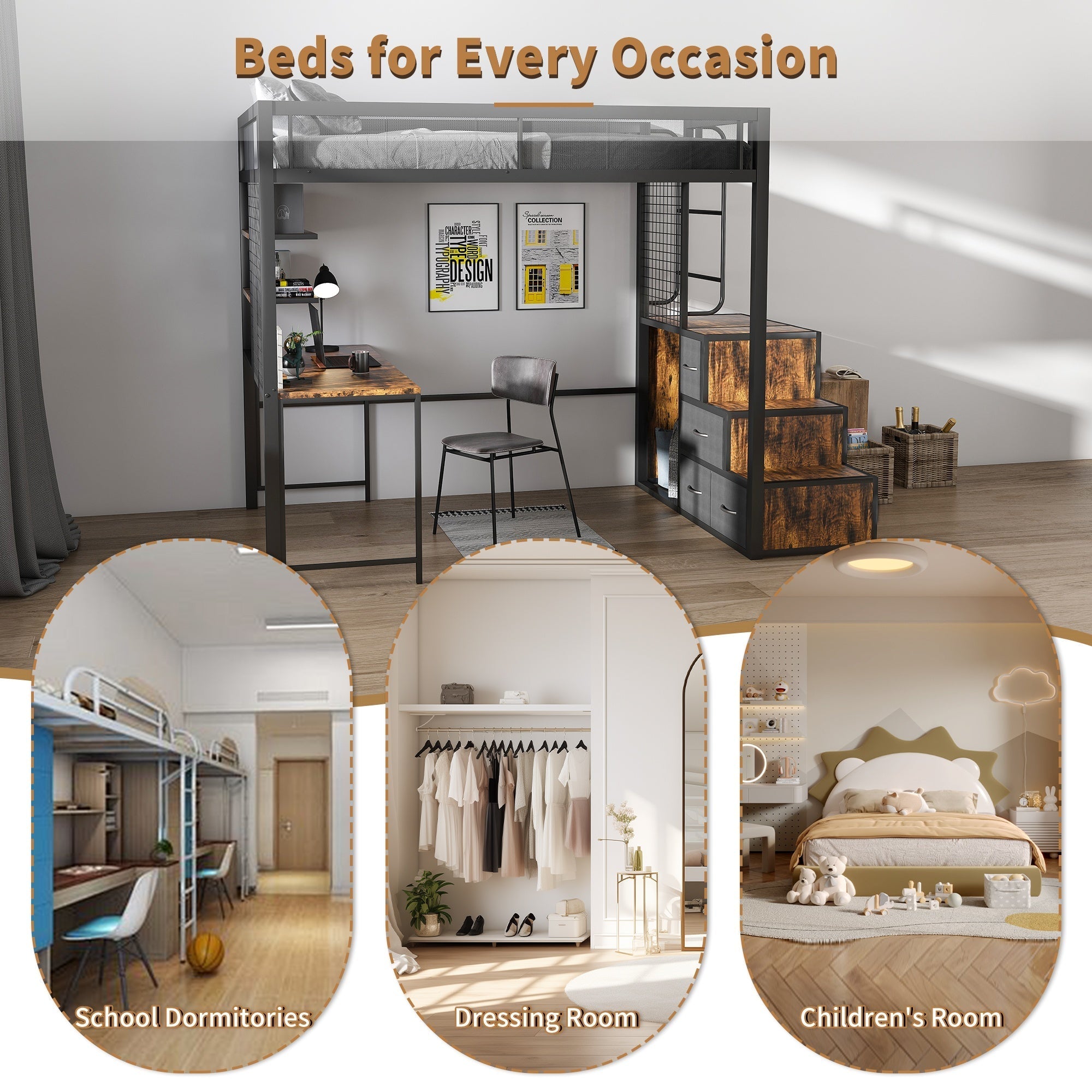 Bellemave® Metal Full Loft Bed with Staircase, Desk, USB Charging, Wardrobe and Storage Drawers & Shelves for Adults, Kids, Teens - Bellemave