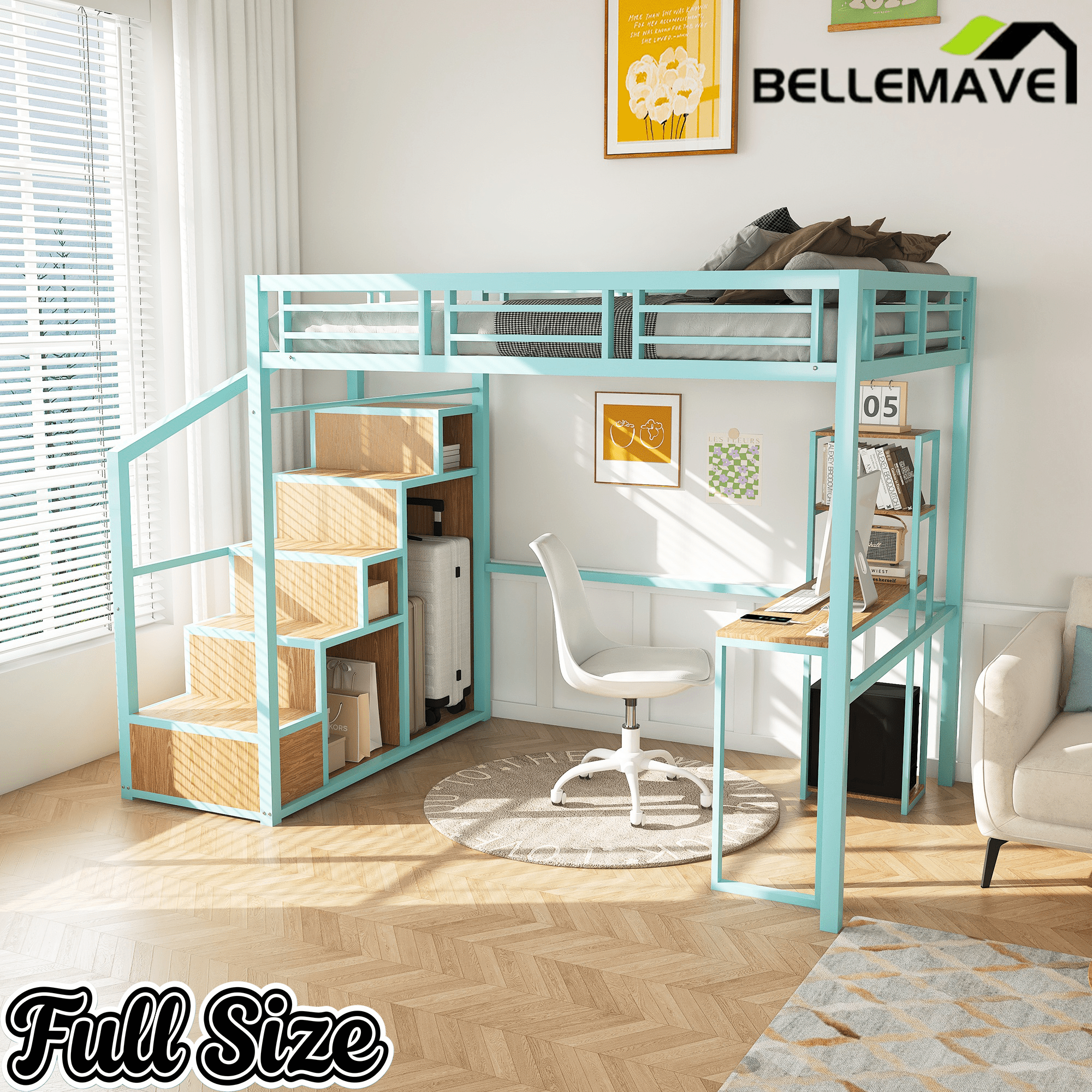Bellemave® Metal Full Loft Bed with Staircase, Desk, USB Charging, Wardrobe and Storage Drawers & Shelves for Adults, Kids, Teens - Bellemave