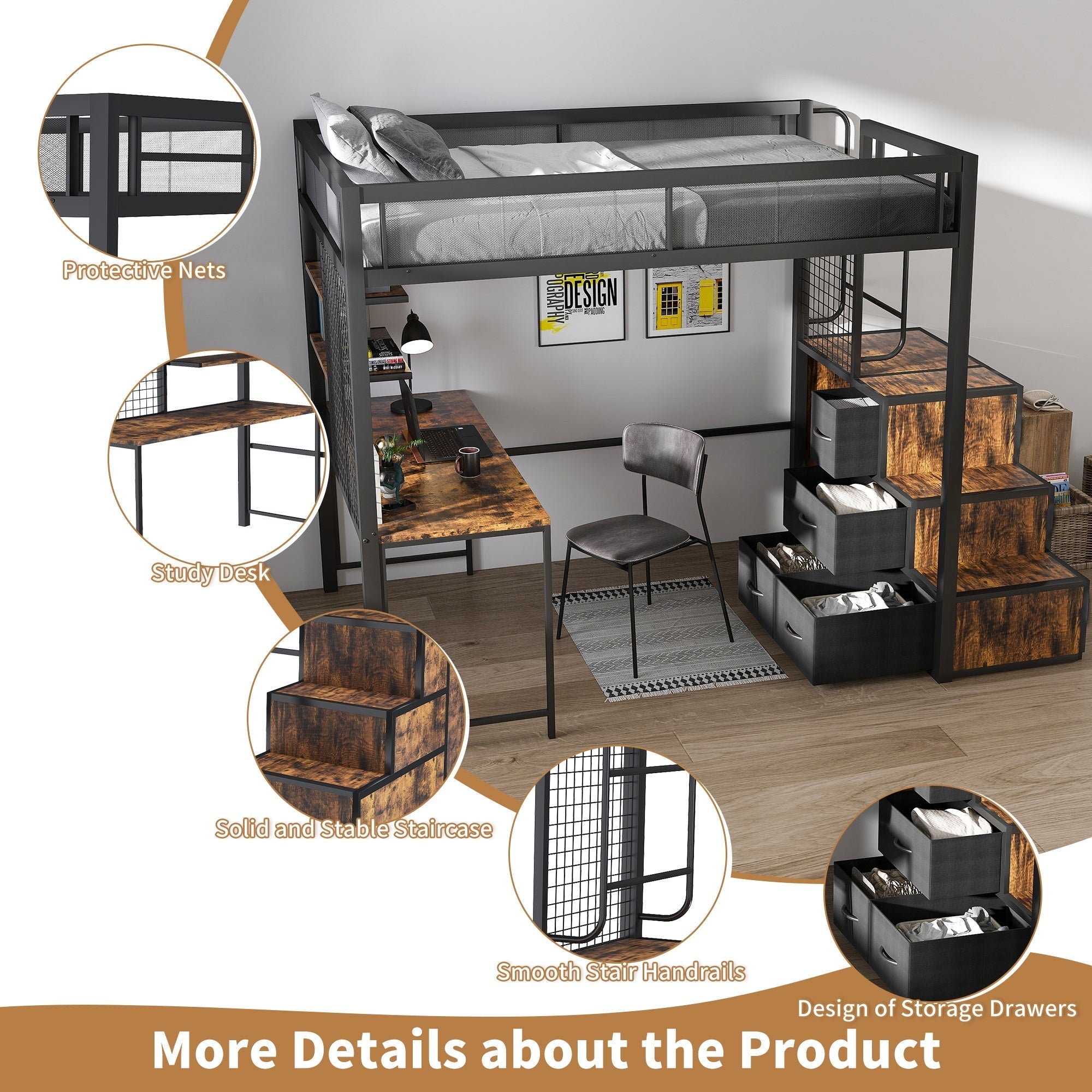 Bellemave® Metal Full Loft Bed with Staircase, Desk, USB Charging, Wardrobe and Storage Drawers & Shelves for Adults, Kids, Teens - Bellemave