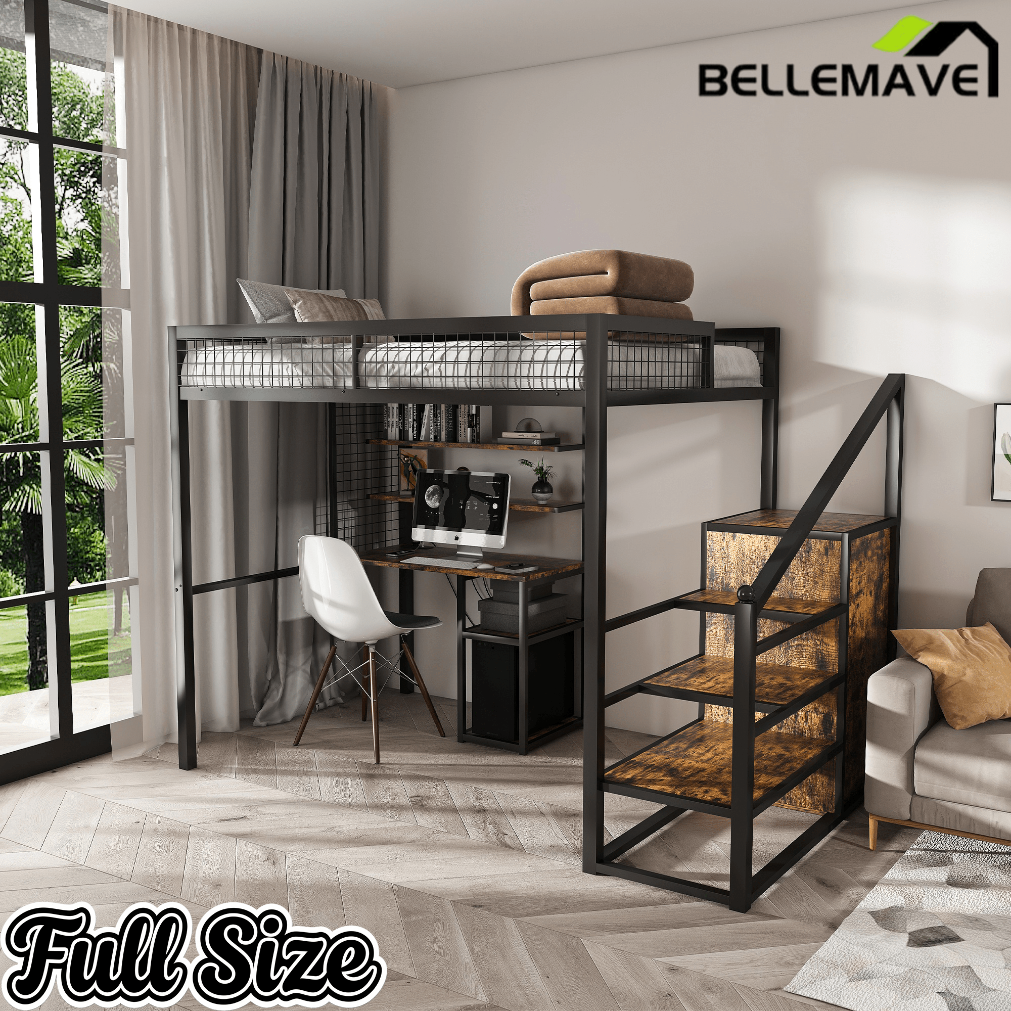 Bellemave® Metal Full Loft Bed with Staircase, Desk, USB Charging, Wardrobe and Storage Drawers & Shelves for Adults, Kids, Teens - Bellemave
