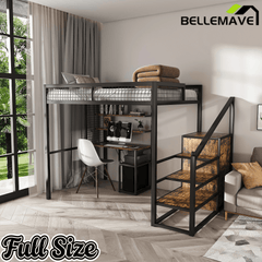 Bellemave® Metal Full Loft Bed with Staircase, Desk, USB Charging, Wardrobe and Storage Drawers & Shelves for Adults, Kids, Teens - Bellemave