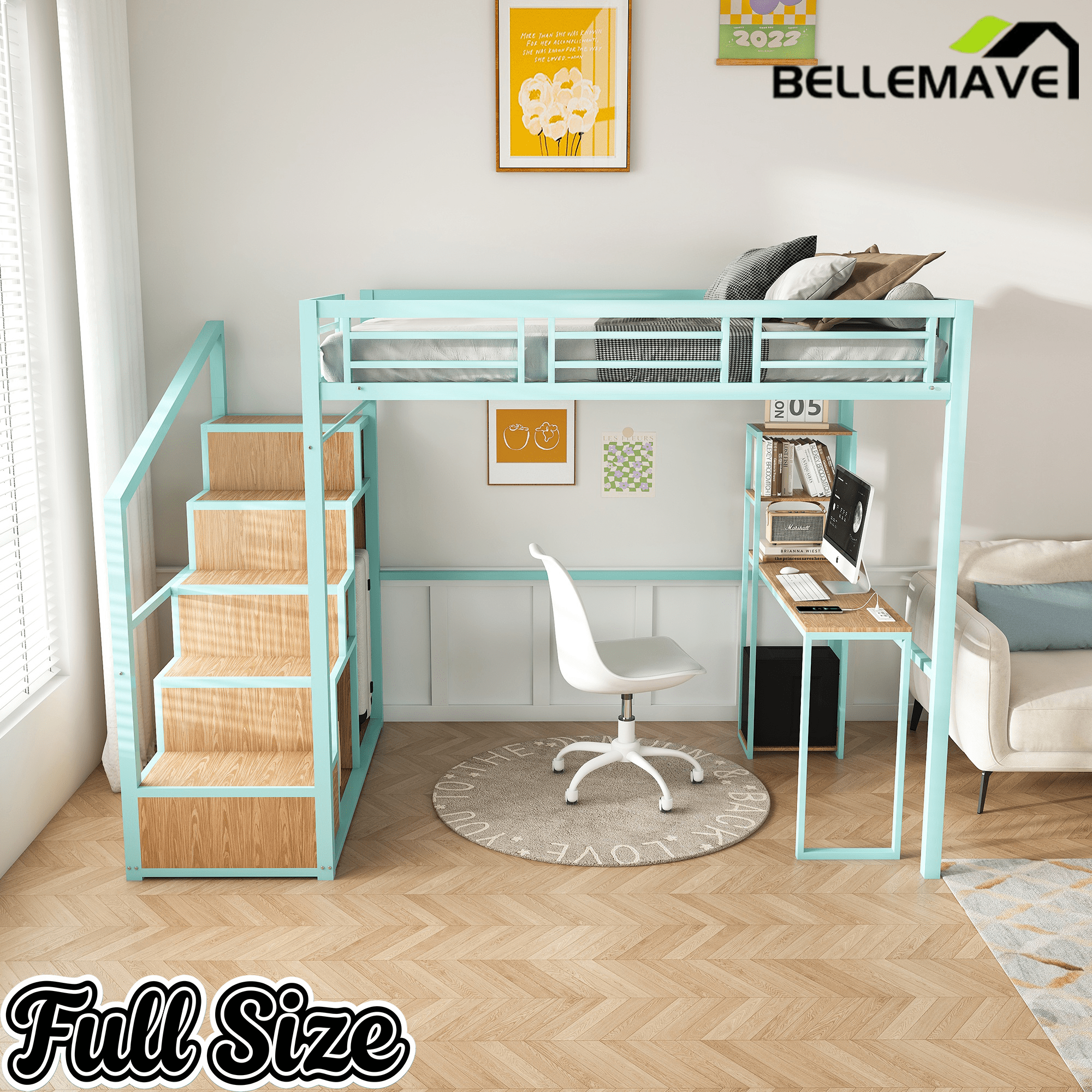 Bellemave® Metal Full Loft Bed with Staircase, Desk, USB Charging, Wardrobe and Storage Drawers & Shelves for Adults, Kids, Teens - Bellemave